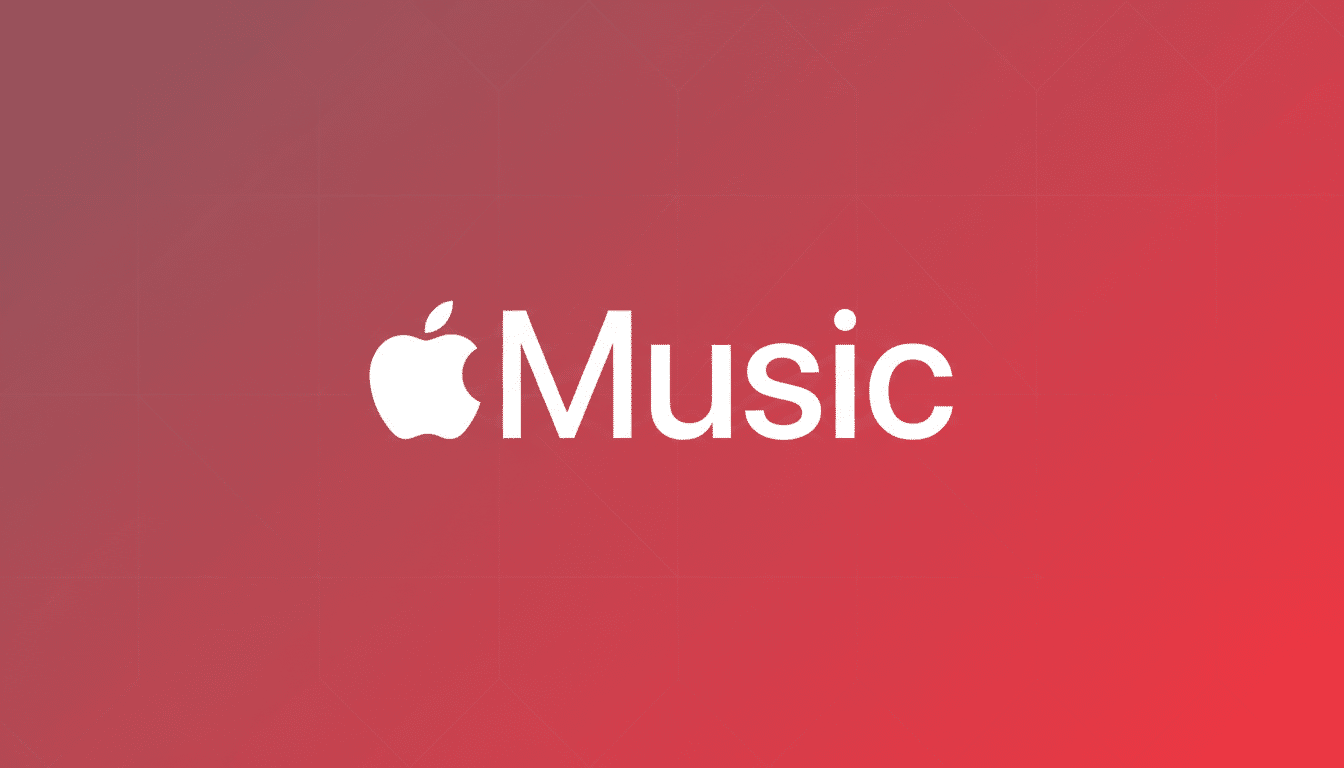 The Apple Music logo, featuring a white Apple icon and the word Music in white text, centered on a red background with a subtle gradient and faint grid pattern.