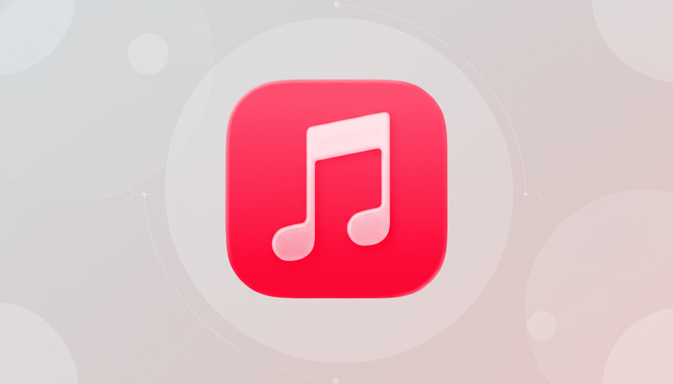 A 16:9 aspect ratio image featuring a 3D-rendered music note icon in white, set against a rounded square background in a vibrant red hue. The background is a professional flat design with soft patterns and gradients in shades of light gray and white, enhancing the icons presentation.