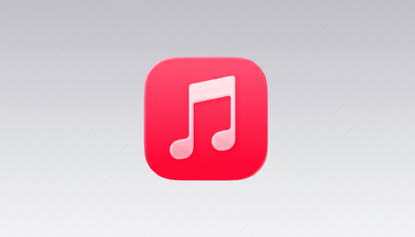 A 3D rendered music note icon in white, centered on a rounded square red background, presented on a professional light gray gradient background with subtle diagonal patterns.