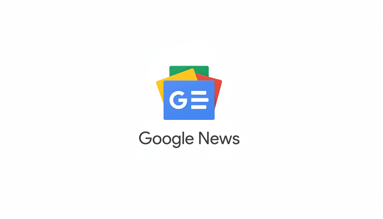 The Google News logo, featuring a stylized blue card with a white G and three horizontal lines, layered over yellow, red, and green cards, all centered on a clean white background.