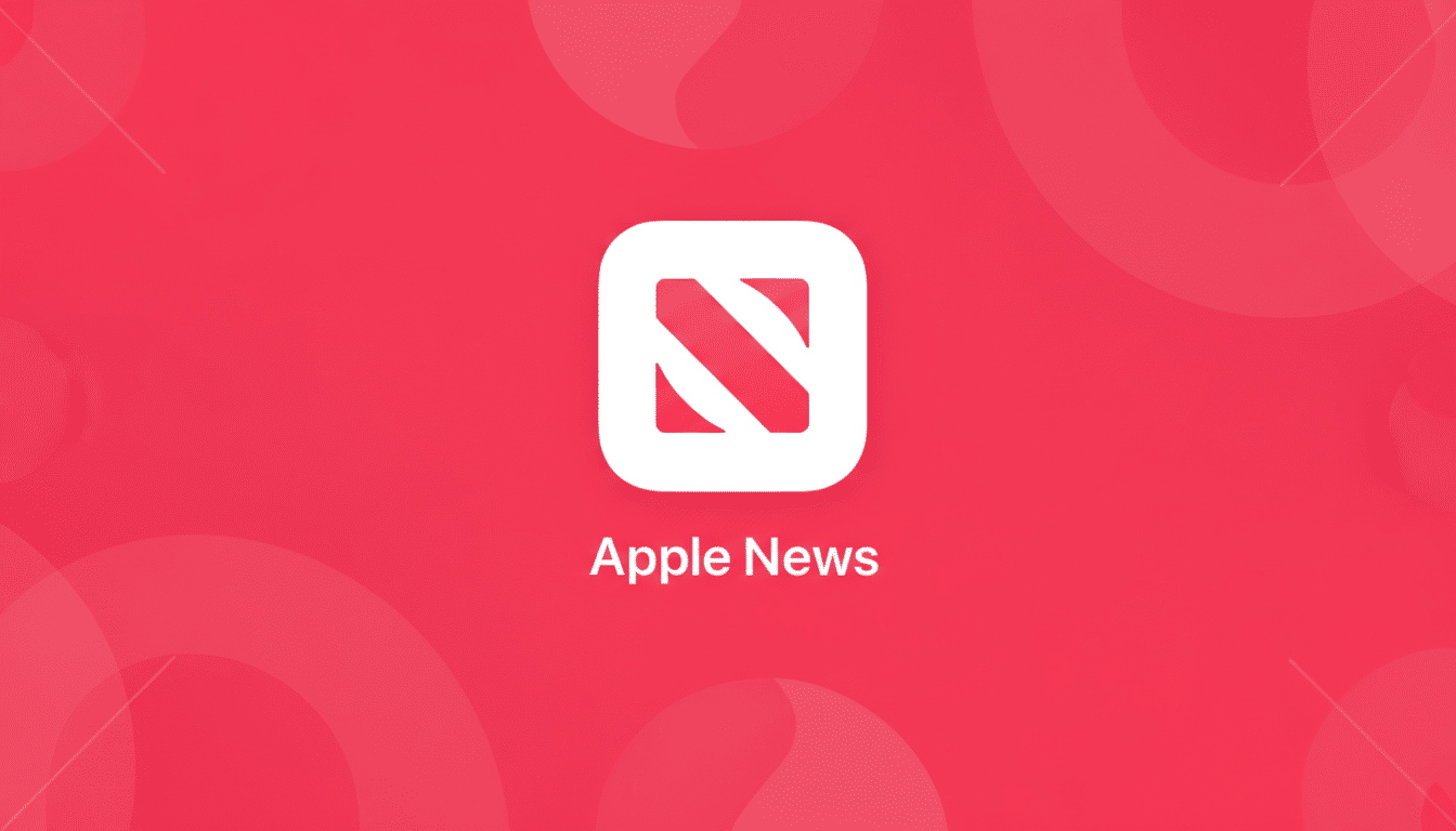 The Apple News app icon, a white square with a red N logo, centered on a red background with subtle, abstract patterns.
