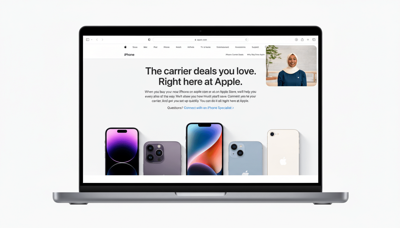 A MacBook displaying the Apple website with various iPhone models and a woman in a hijab in the corner, resized to a 16:9 aspect ratio.