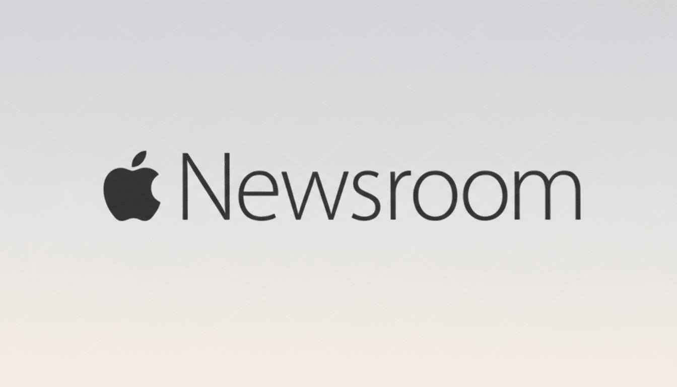 The Apple Newsroom logo, featuring the iconic Apple symbol next to the word Newsroom in a clean, sans-serif font, presented on a subtle gradient background with a soft, geometric pattern.