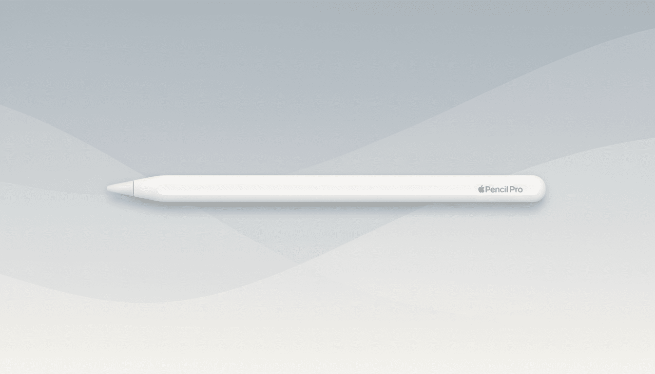 A white Apple Pencil Pro stylus is horizontally centered against a professional flat design background with soft gray and white gradients and subtle wave patterns.