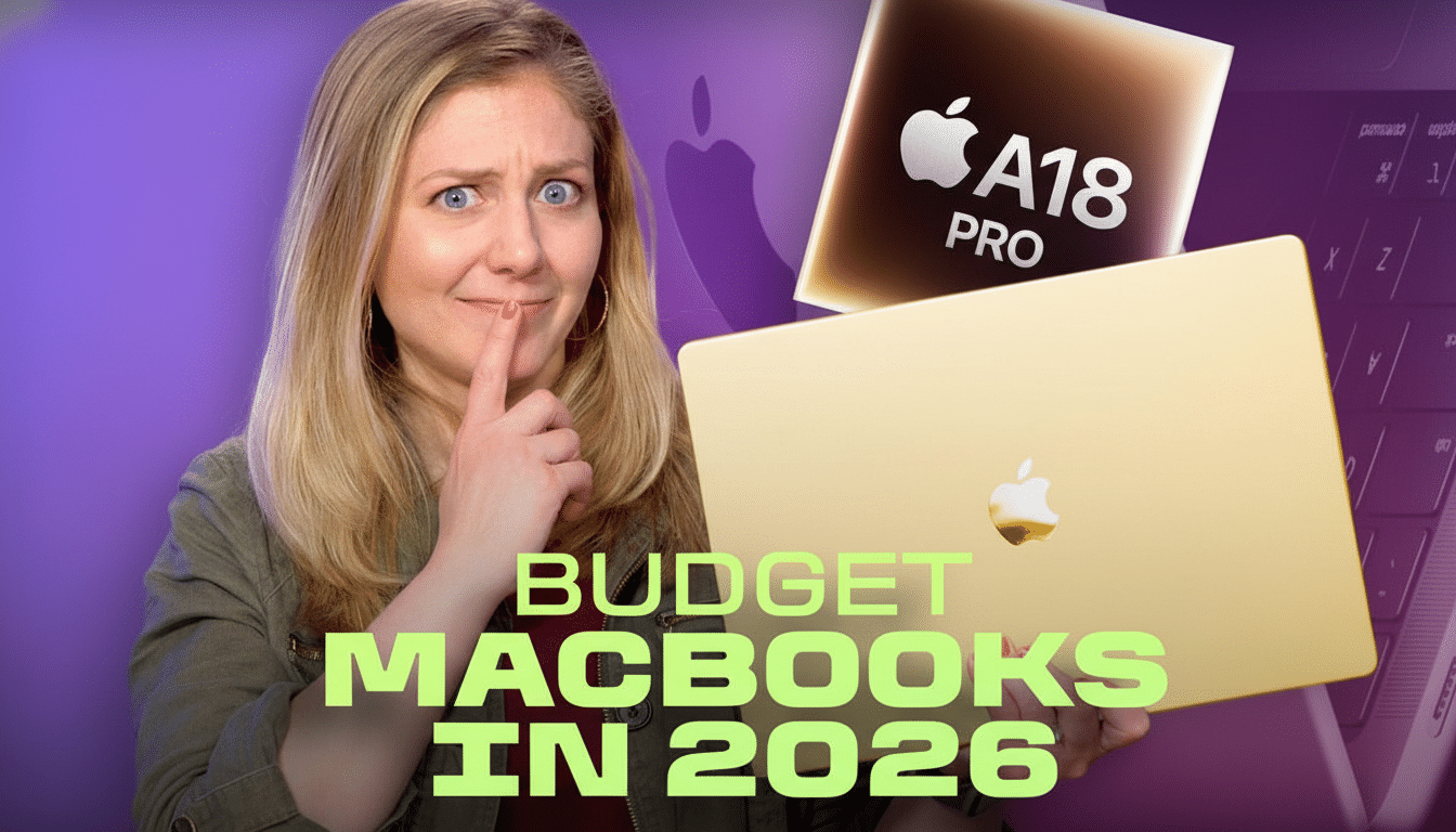 A woman with a thoughtful expression, holding a gold MacBook, with text overlay BUDGET MACBOOKS IN 2026 and an A18 PRO chip graphic.
