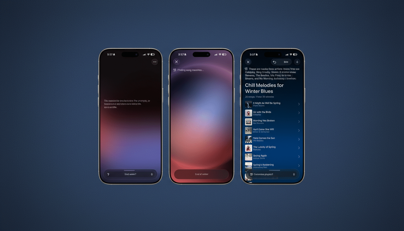 Three iPhone screens displaying a music app interface. The first screen shows a text input field, the second shows a Finding song matches message, and the third shows a playlist titled Chill Melodies for Winter Blues with a list of songs.