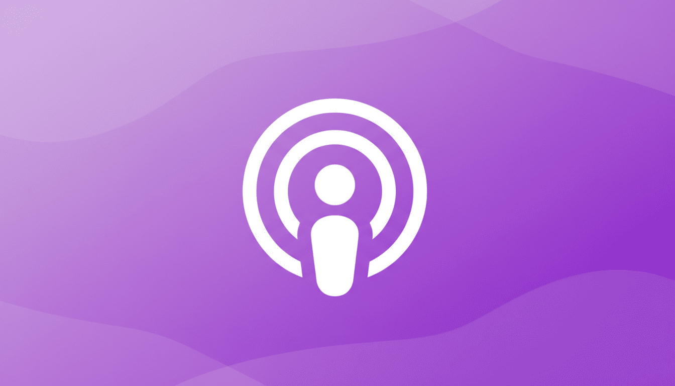 A white podcast icon on a purple background with subtle wave patterns.