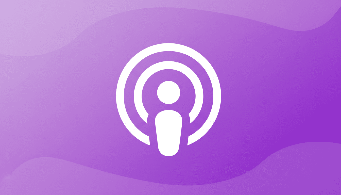 A white podcast icon on a purple background with subtle wave patterns.