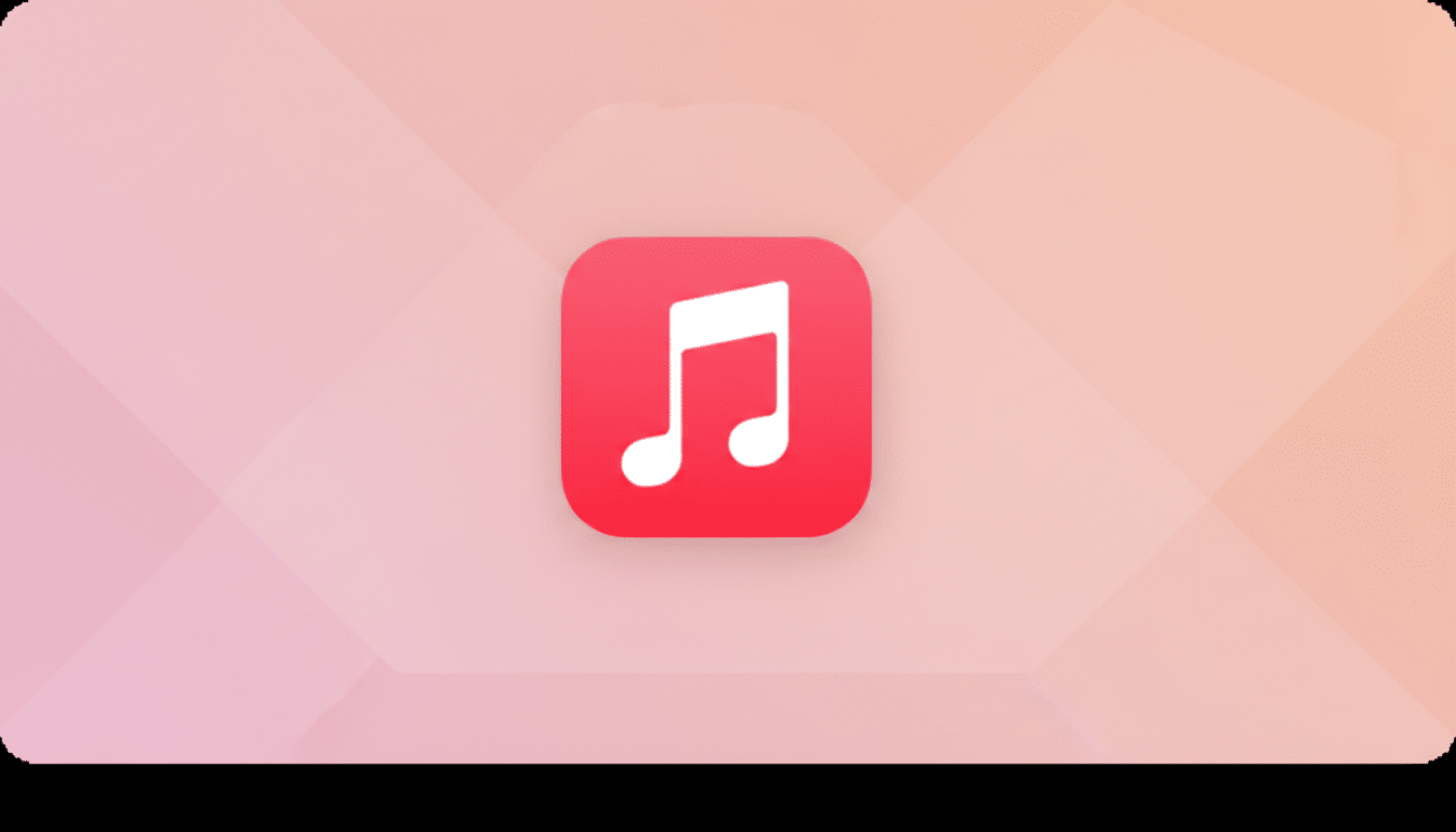 A 16:9 aspect ratio image featuring the Apple Music app icon, a white musical note on a rounded red square, centered against a professional flat design background with soft pink and orange gradients and subtle geometric patterns.