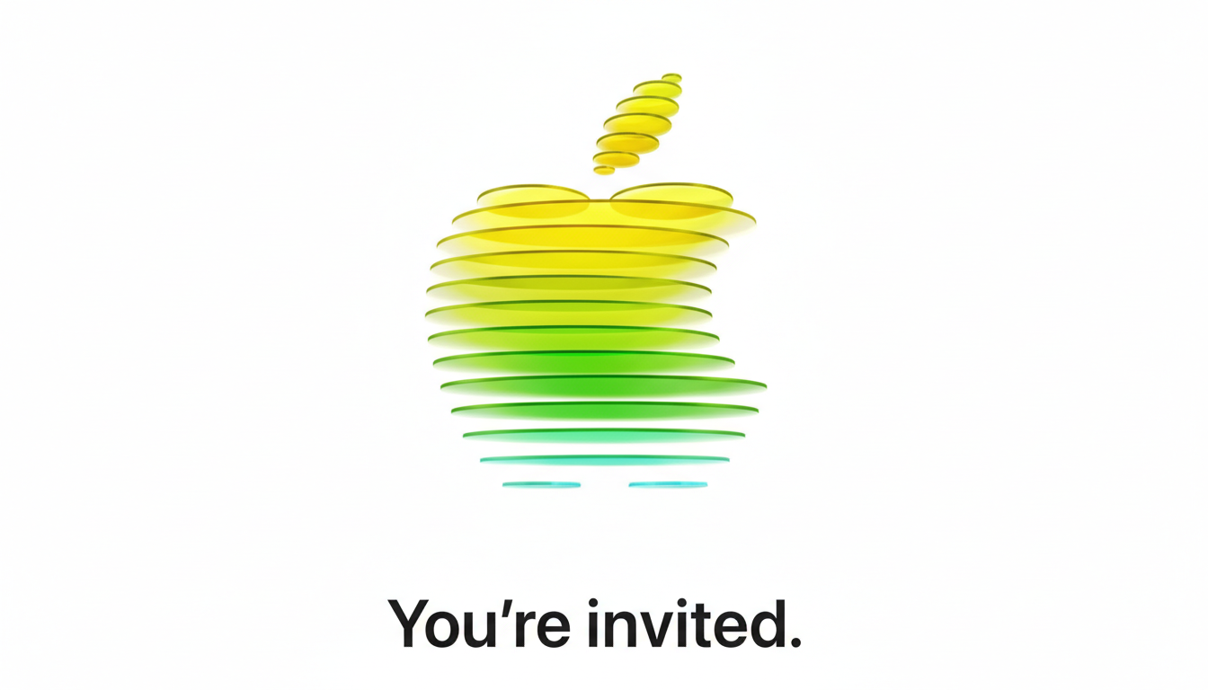 The Apple logo, stylized with horizontal yellow, green, and blue stripes, centered on a white background with the text Youre invited. below it.