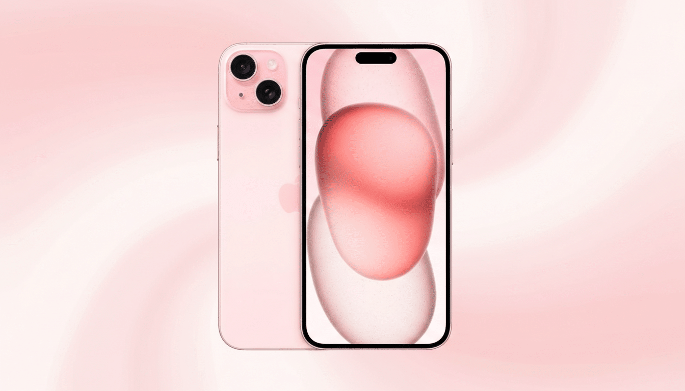 A pink iPhone 14, with its back and screen visible, set against a soft pink gradient background with subtle swirling patterns.