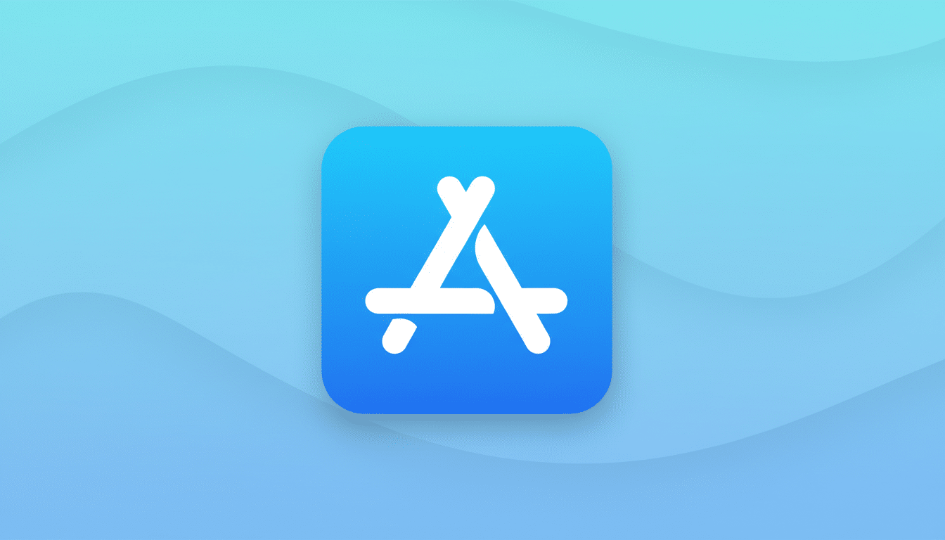 The Apple App Store icon, a white stylized A on a blue gradient square with rounded corners, centered on a professional flat design background with soft, light blue wave patterns.
