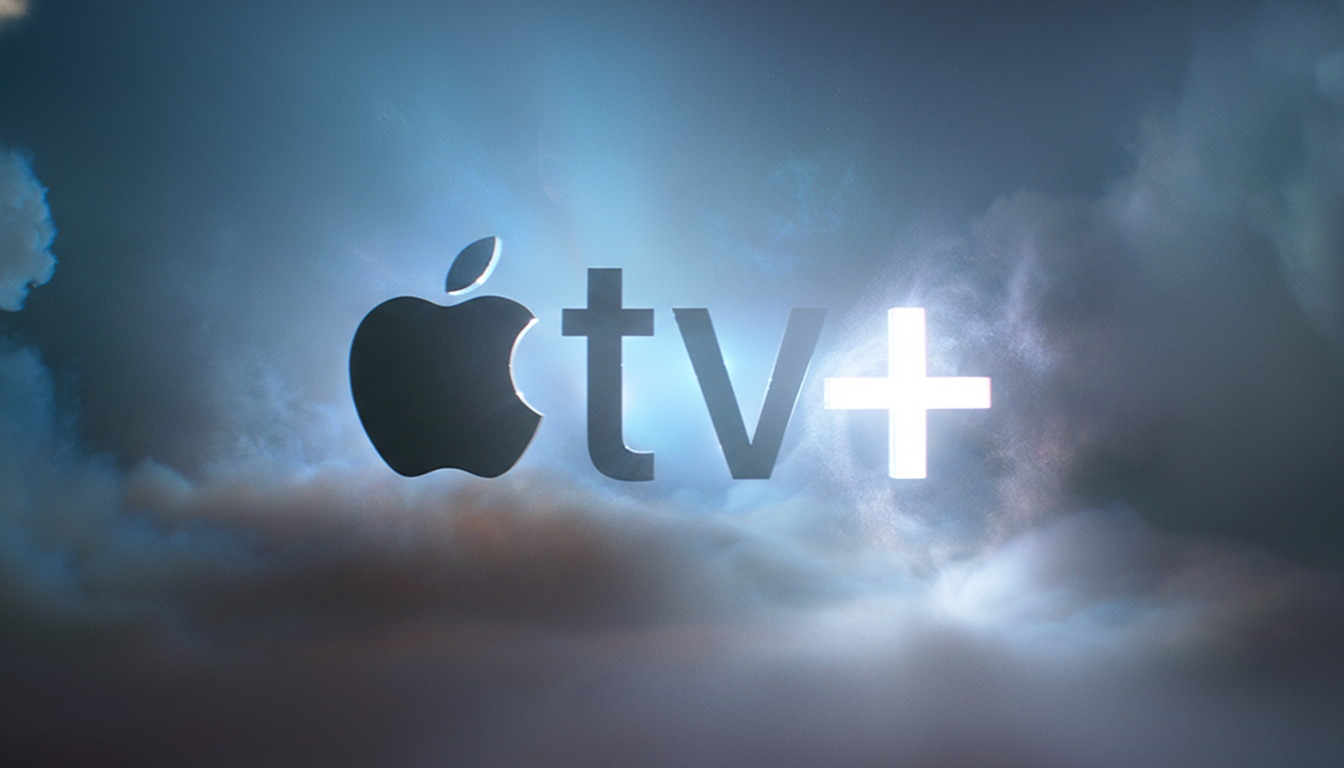 The Apple TV+ logo, featuring the Apple icon and tv+ text, set against a dramatic, cloudy sky with light emanating from behind the logo.
