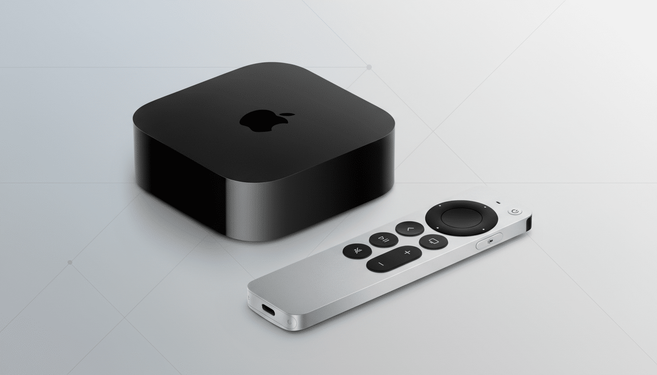 An Apple TV 4K box and its Siri Remote, presented on a professional flat design background with soft patterns.