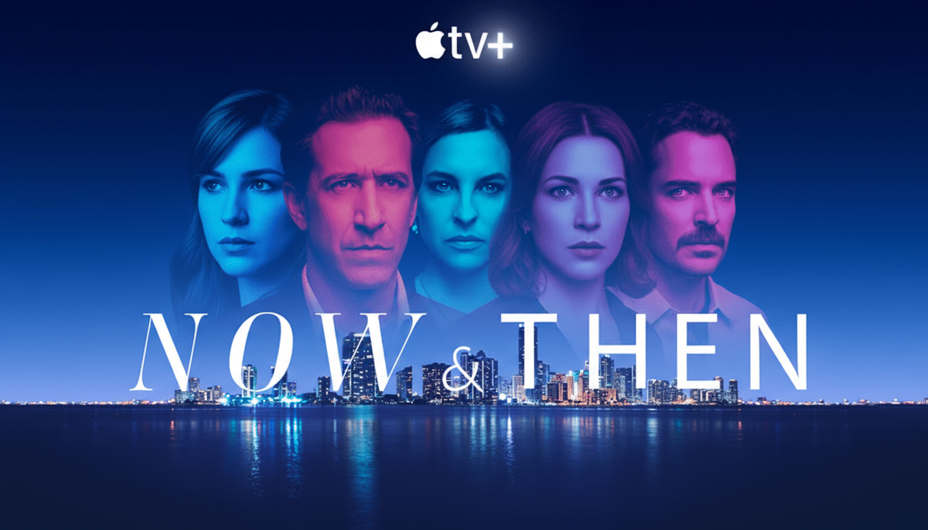 A promotional image for the Apple TV+ series Now & Then, featuring six main cast members faces in a row above the shows title and a city skyline at night.