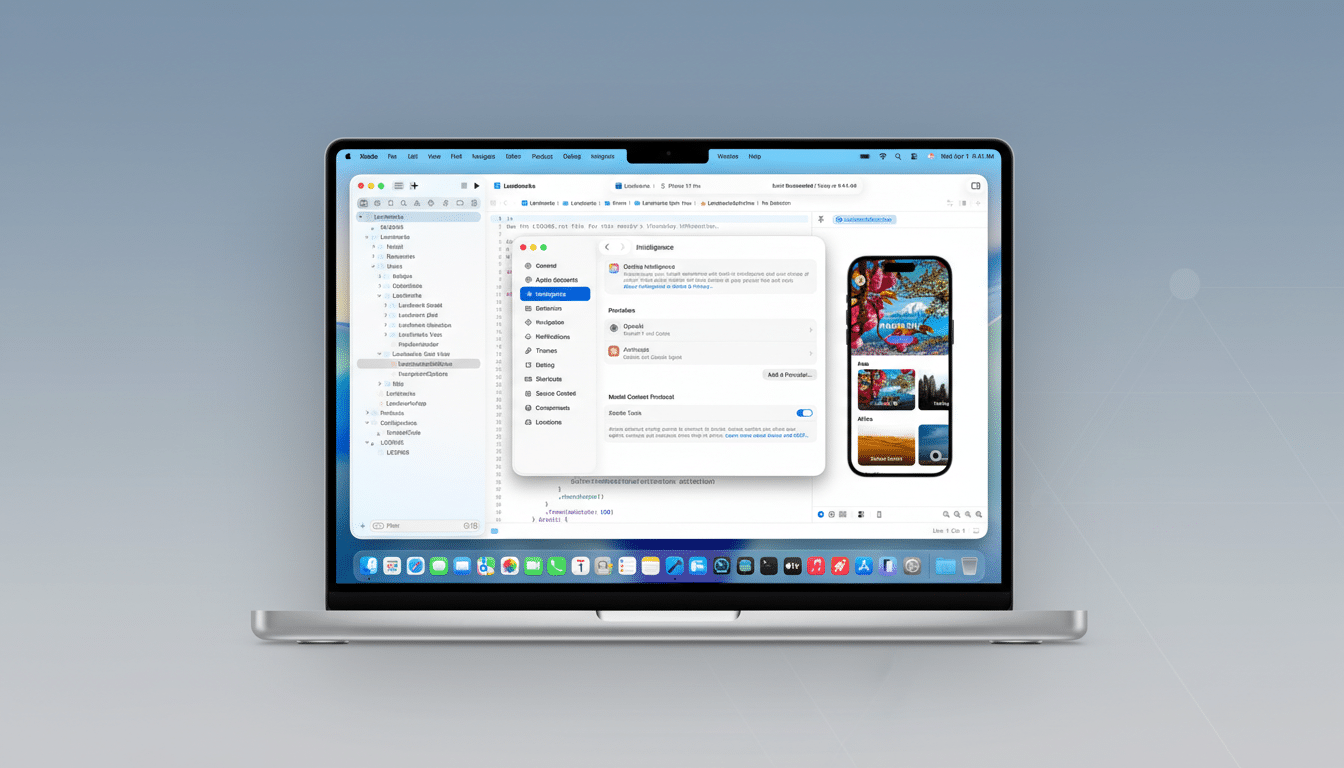 A MacBook Pro displaying Xcode with an iPhone 15 Pro simulator, showcasing app development.