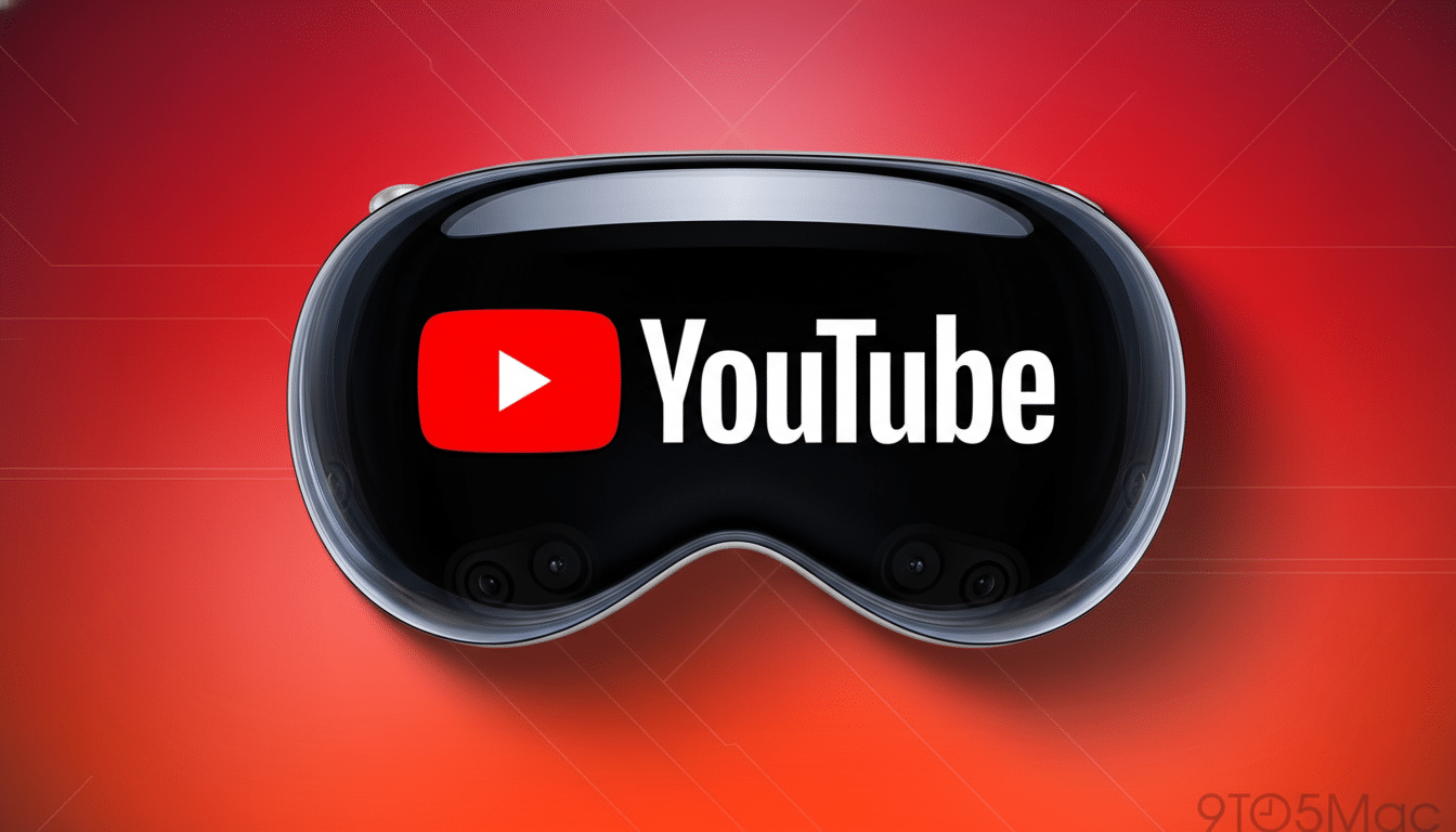 A black VR headset with the YouTube logo displayed on its screen, set against a red gradient background.