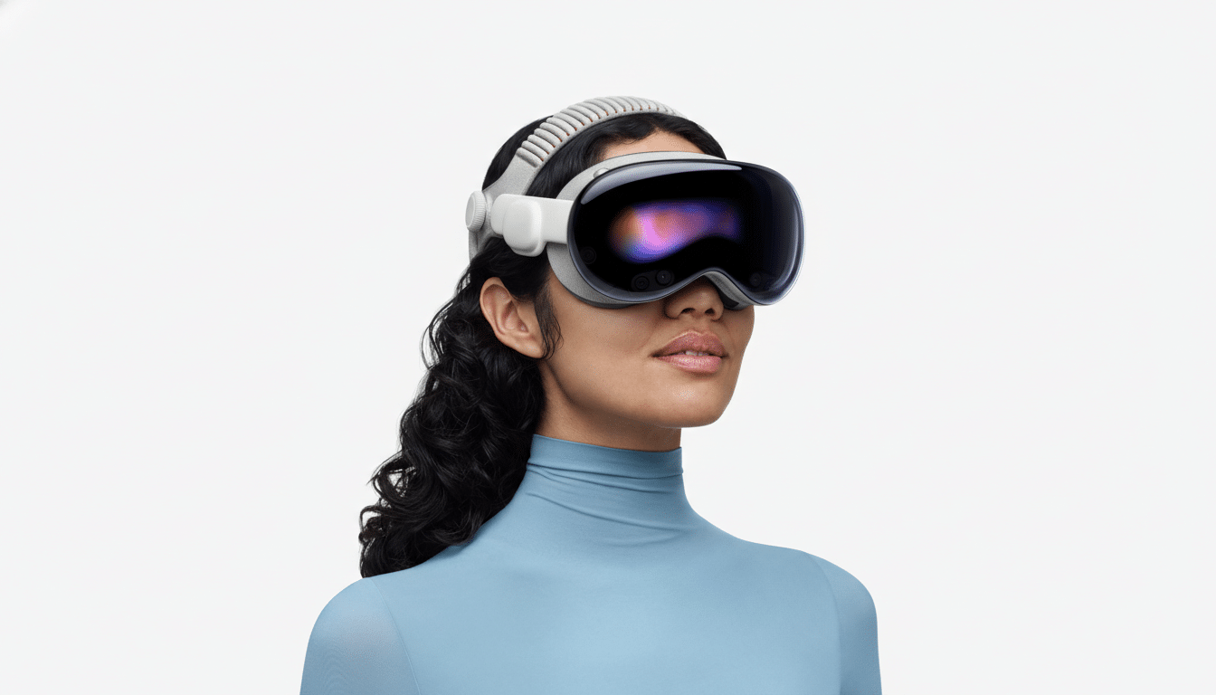 A woman wearing a virtual reality headset, resized to a 16:9 aspect ratio.