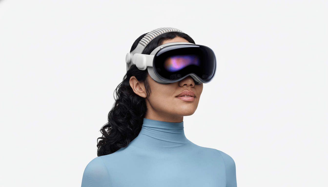 A woman wearing a virtual reality headset, looking slightly upwards.