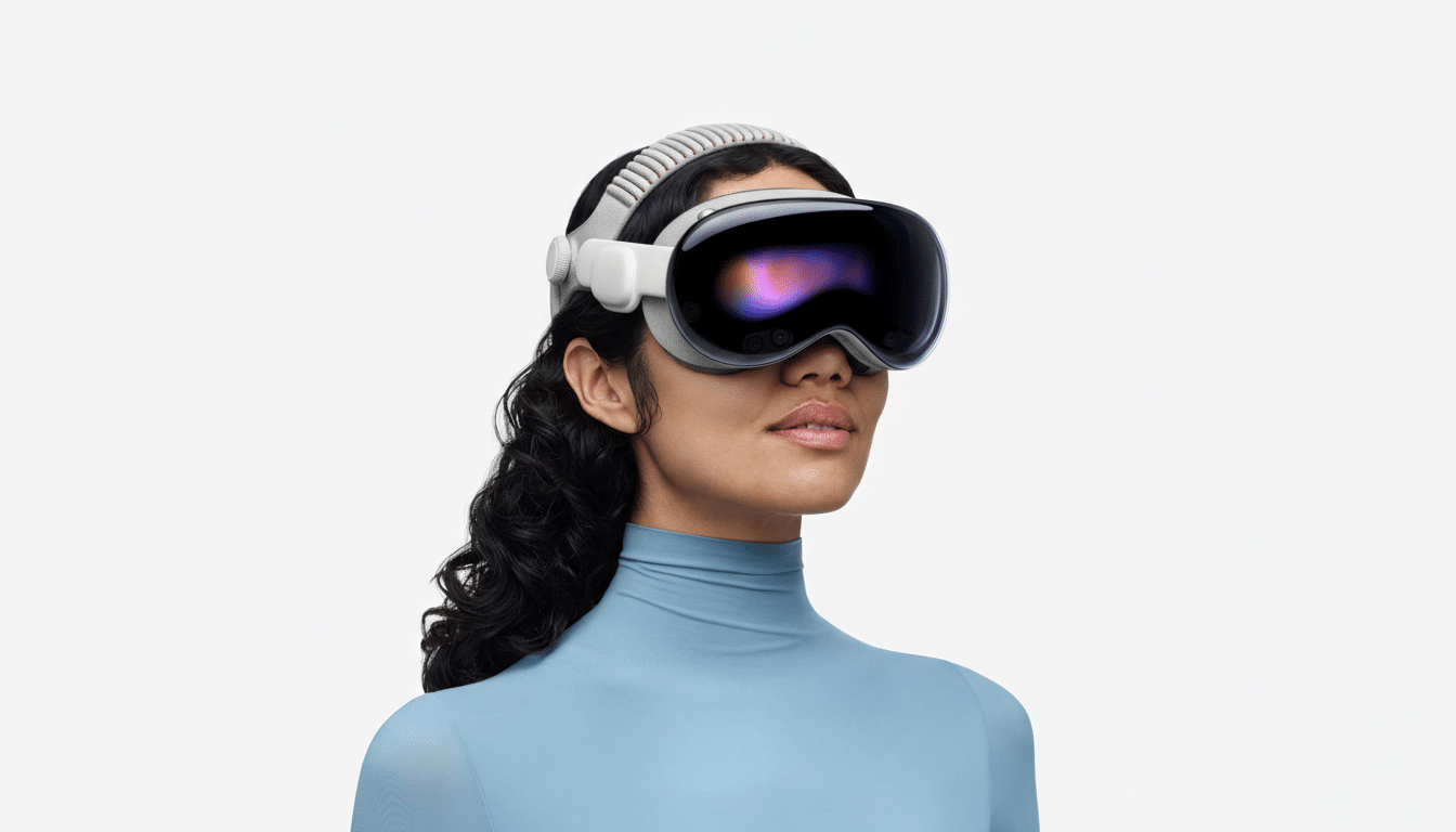 A woman wearing a virtual reality headset, looking slightly upwards.