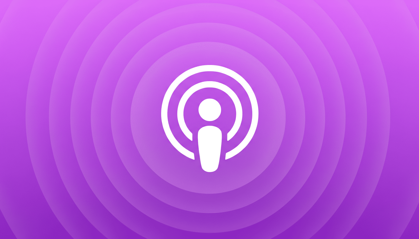 A white podcast icon centered on a purple background with subtle concentric circles radiating outwards.