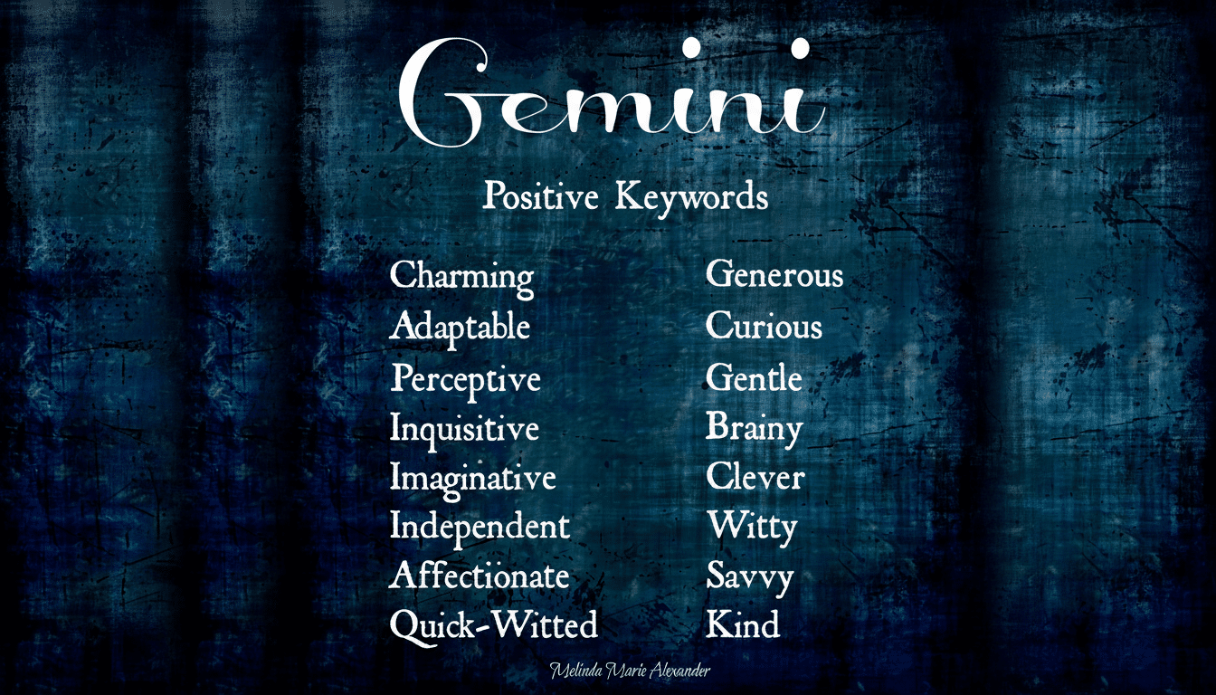 A dark blue, textured background with the word Gemini in large white script at the top. Below it, Positive Keywords is centered, followed by two columns of white text listing Gemini traits: Charming, Adaptable, Perceptive, Inquisitive, Imaginative, Independent, Affectionate, Quick-Witted, Generous, Curious, Gentle, Brainy, Clever, Witty, Savvy, Kind. Melinda Marie Alexander is written in smaller script at the bottom.