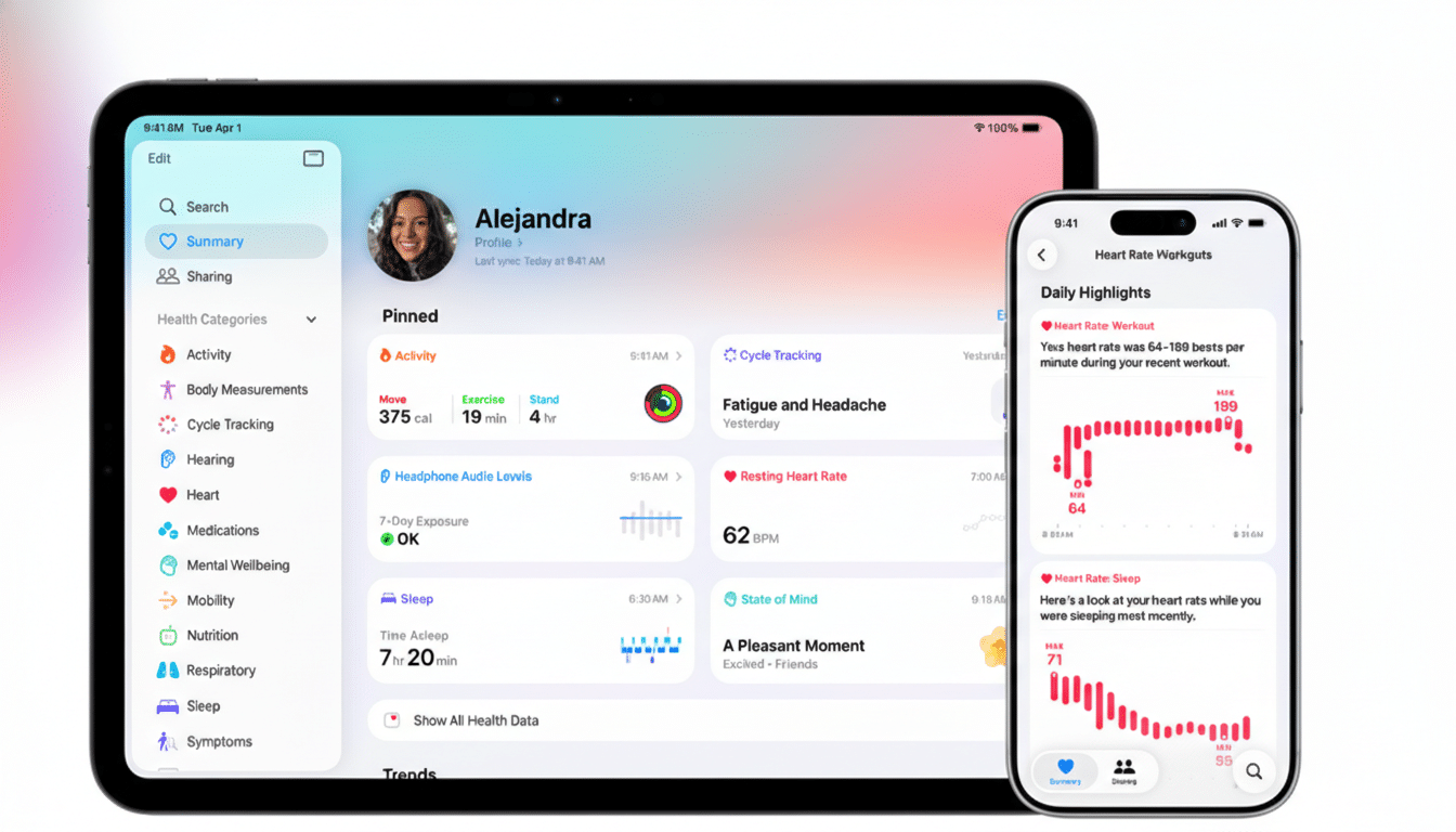 A tablet and a smartphone displaying health app interfaces, with the tablet showing a user profile and health categories, and the smartphone showing heart rate highlights.