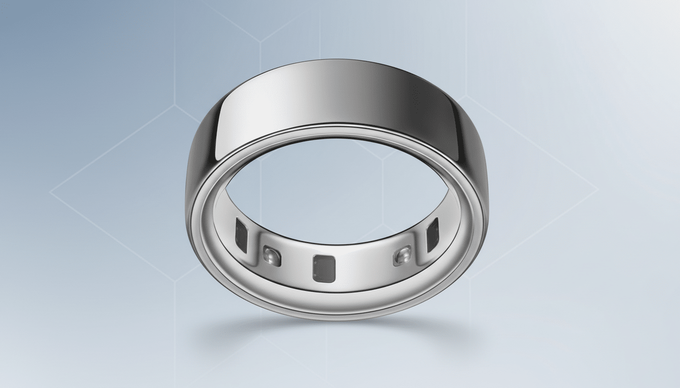 A silver smart ring with internal sensors visible, presented on a professional light blue background with subtle geometric patterns.