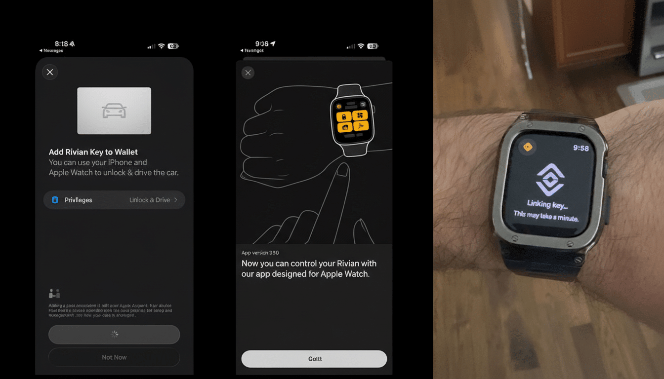 A 16:9 aspect ratio image showing three panels. The left two panels display screenshots of a mobile app interface for adding a Rivian Key to Wallet and controlling a Rivian with an Apple Watch app. The right panel shows a close-up of an Apple Watch on a wrist, displaying a Linking key... message with the Rivian logo.