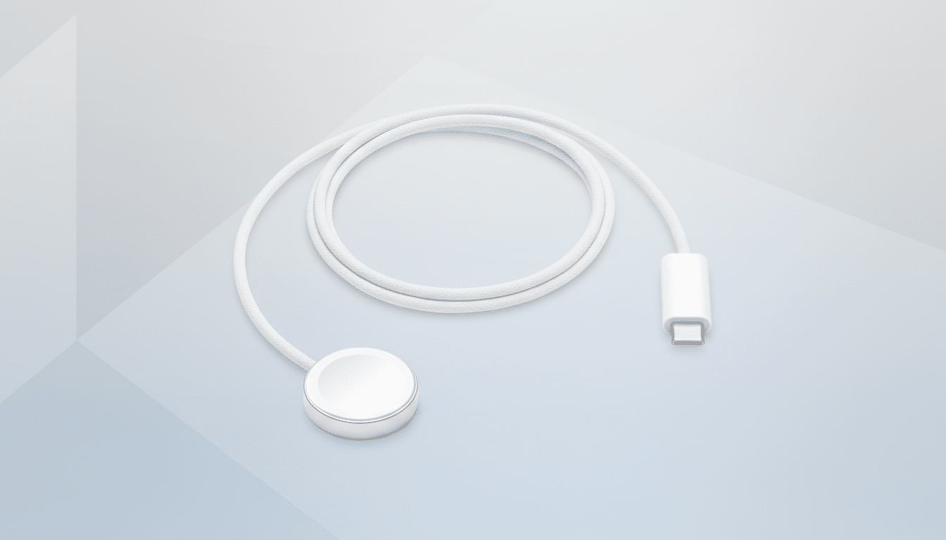 A white Apple Watch charging cable with a USB-C connector on one end and a magnetic charging puck on the other, presented on a professional flat design background with soft gray and white geometric patterns.