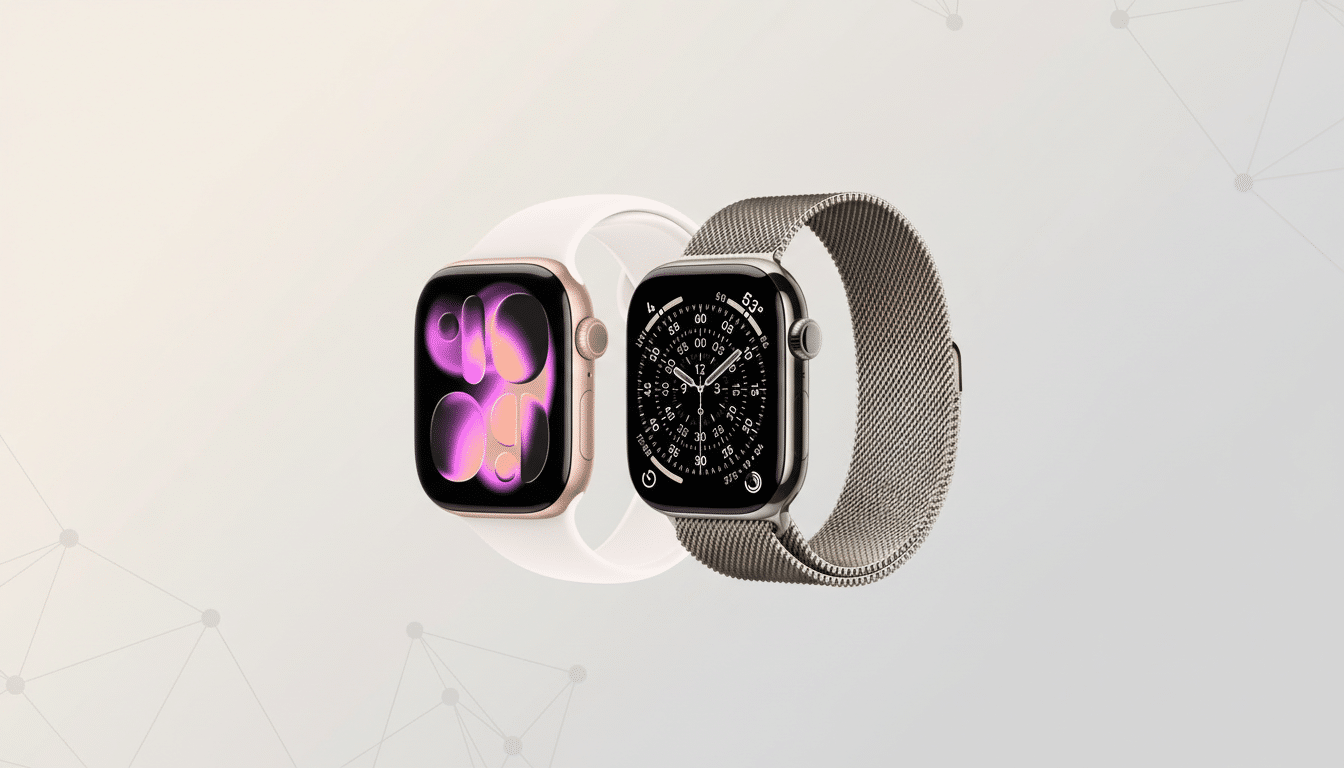 Two Apple Watches, one with a pink band and the other with a metallic mesh band, are displayed on a professional flat design background with soft patterns.