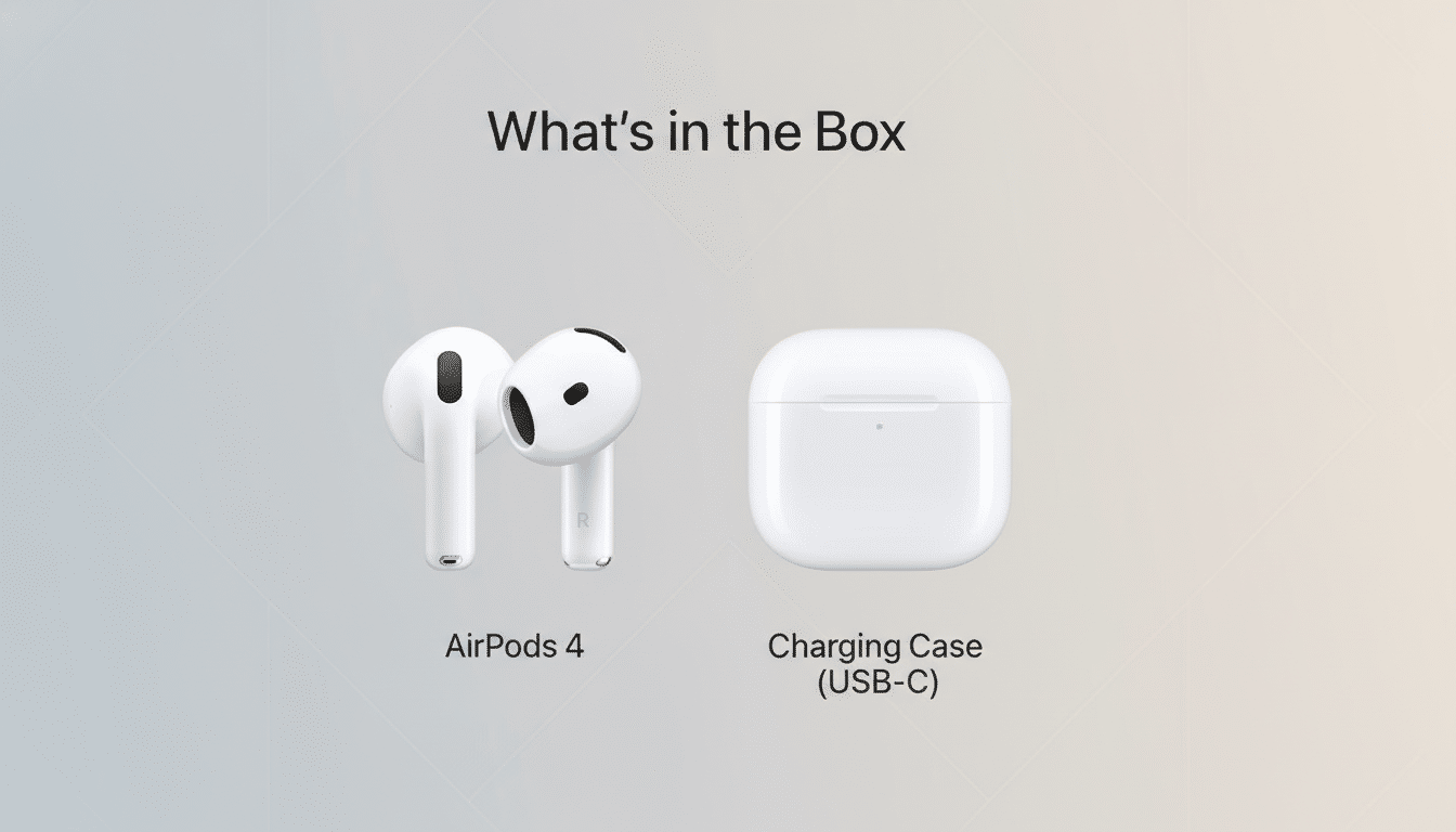 A 16:9 aspect ratio image showing Whats in the Box with AirPods 4 and a Charging Case (USB-C) on a professional flat design background with soft gradients.