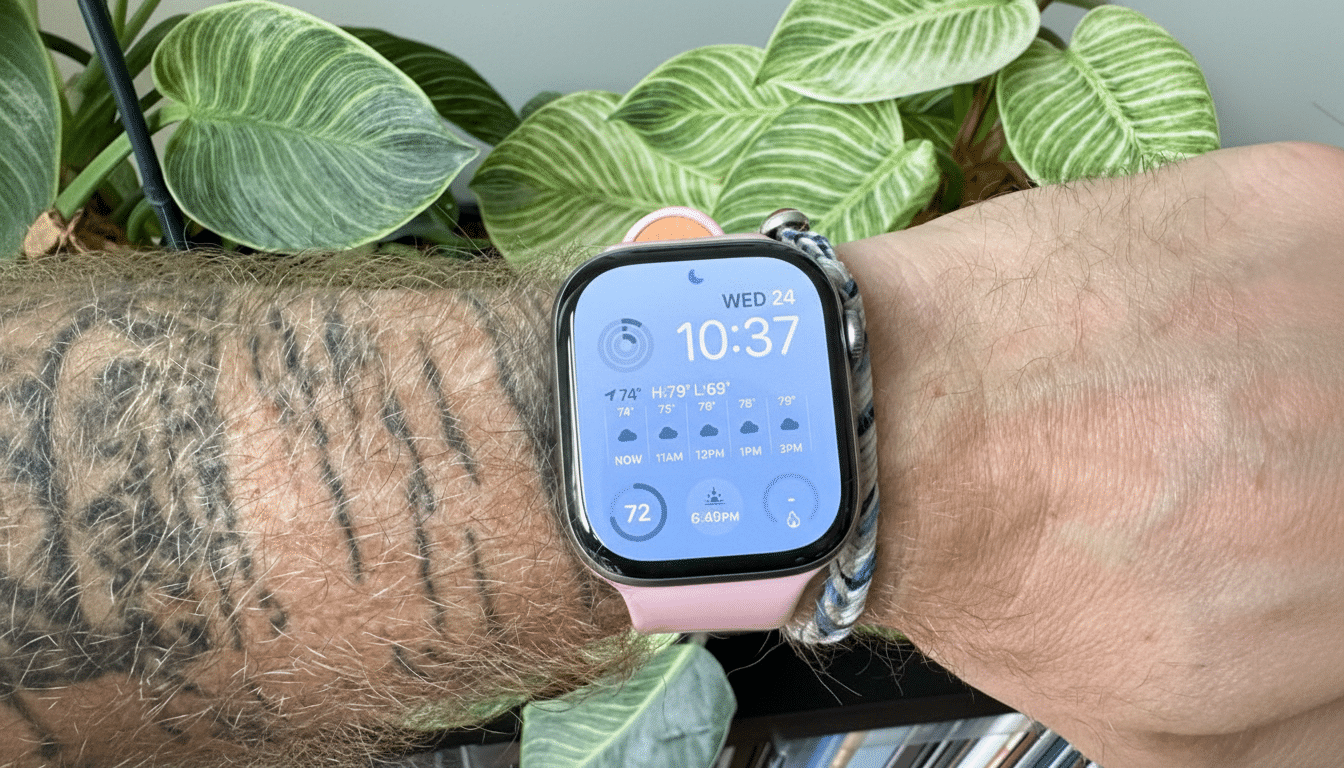 A close-up of an Apple Watch on a persons wrist, displaying the weather app with a light blue background. The watch has a pink band and a braided band on the other side. The persons arm has tattoos, and green plant leaves are visible in the background.