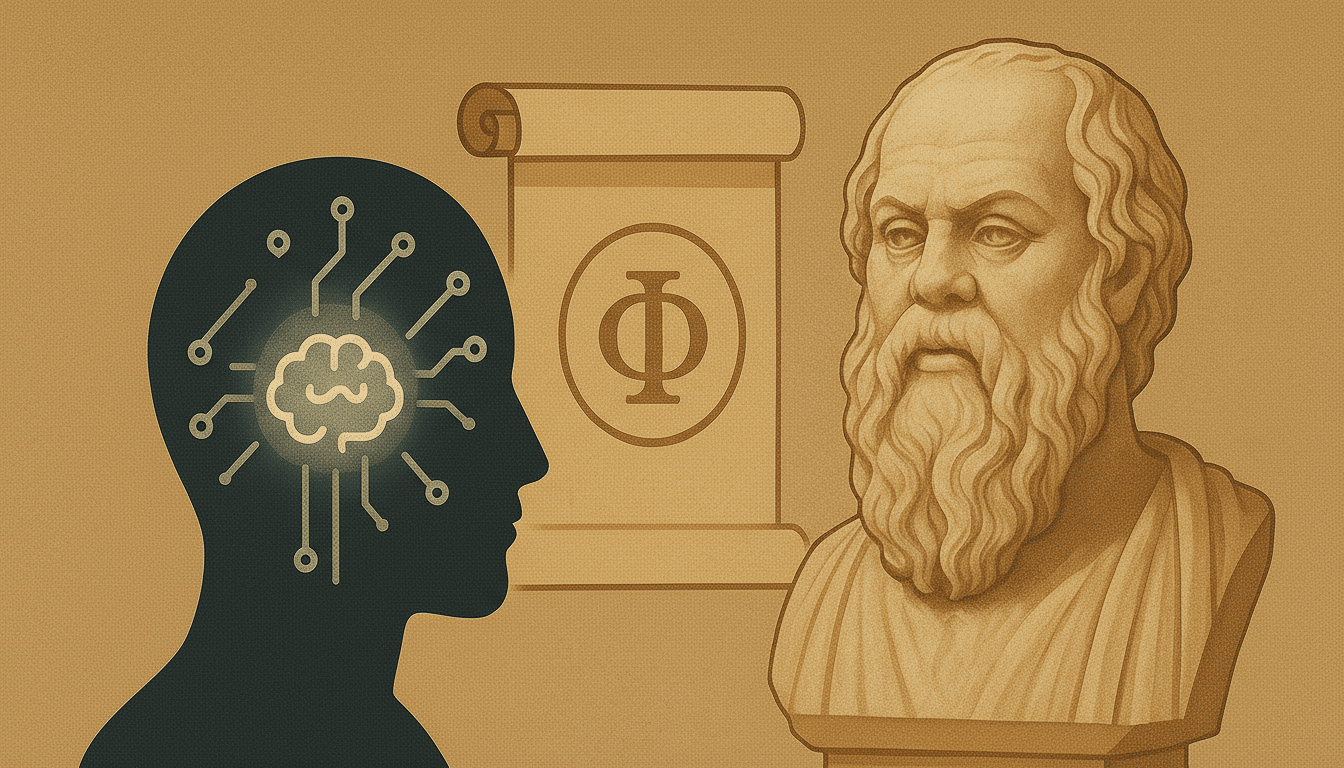 Aristotle and Socrates guide ethical generative AI, with neural network graphics