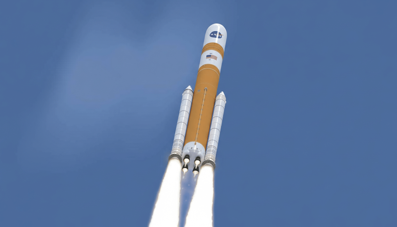 A large, orange and white rocket with NASA written on its side, launching into a clear blue sky with bright white exhaust plumes.