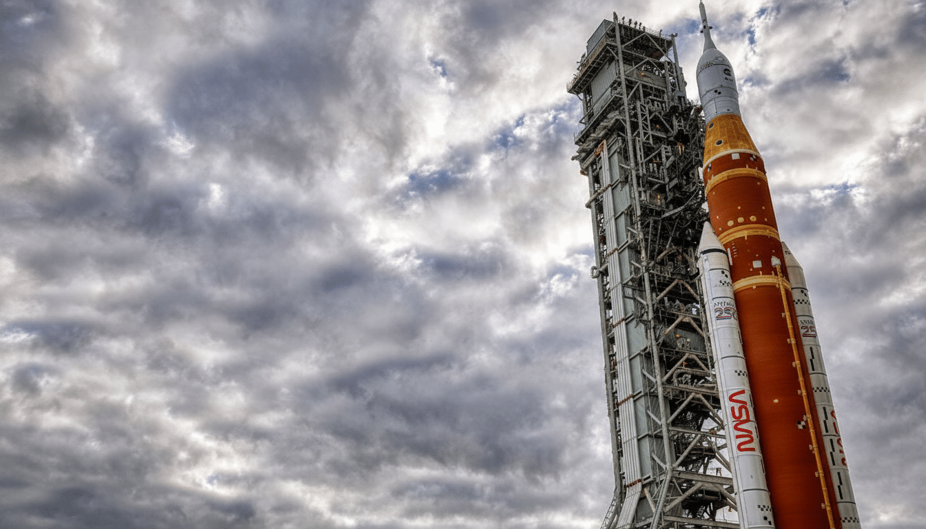 A large orange and white rocket stands next to a tall launch tower under a cloudy sky.
