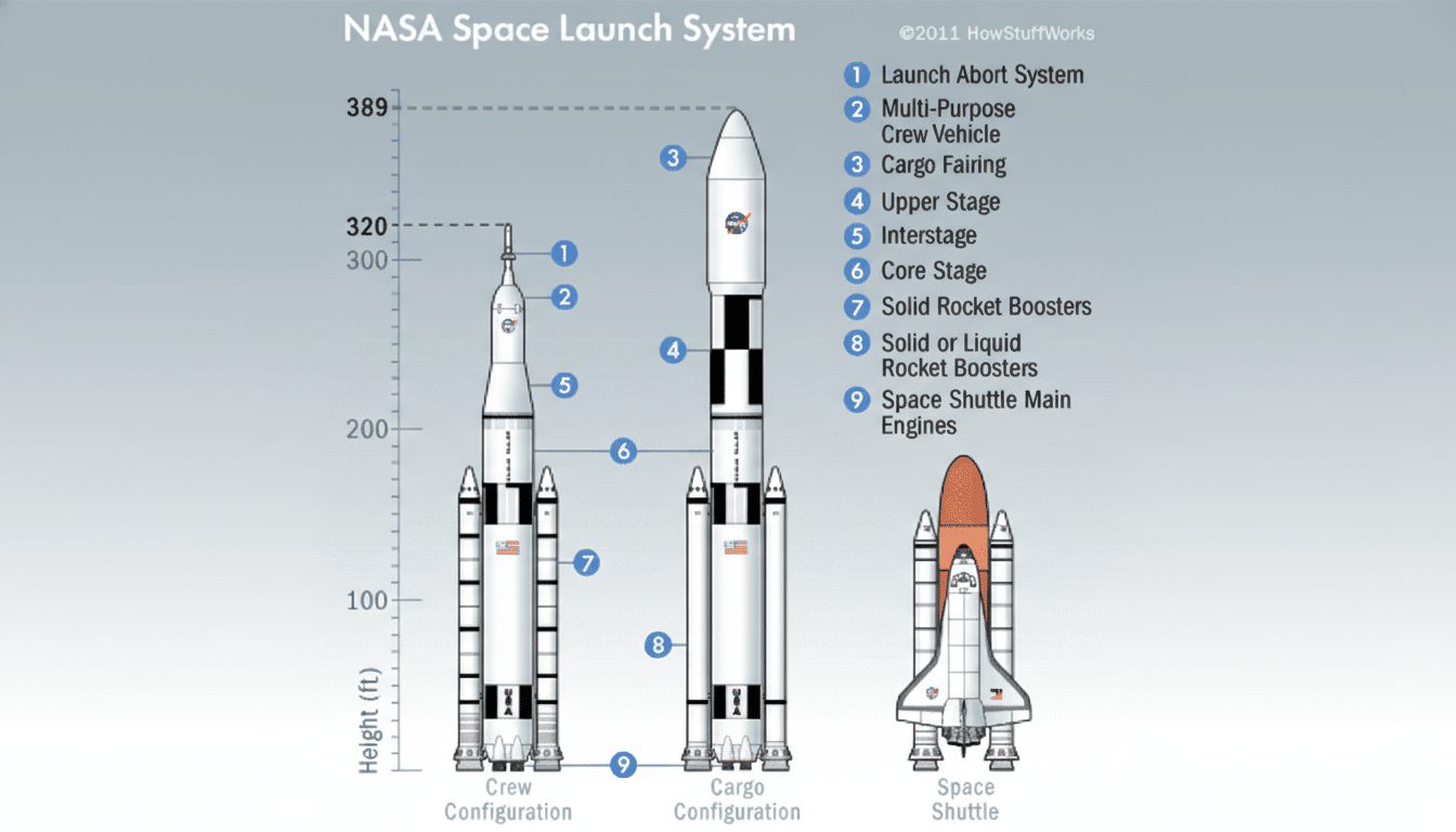A diagram titled NASA Space Launch System showing three different configurations: Crew Configuration, Cargo Configuration, and Space Shuttle. Each configuration is labeled with numbered parts corresponding to a legend on the right, detailing components like the Launch Abort System, Crew Vehicle, Cargo Fairing, and various rocket stages and boosters. A height scale in feet is provided on the left, indicating the relative sizes of the rockets.