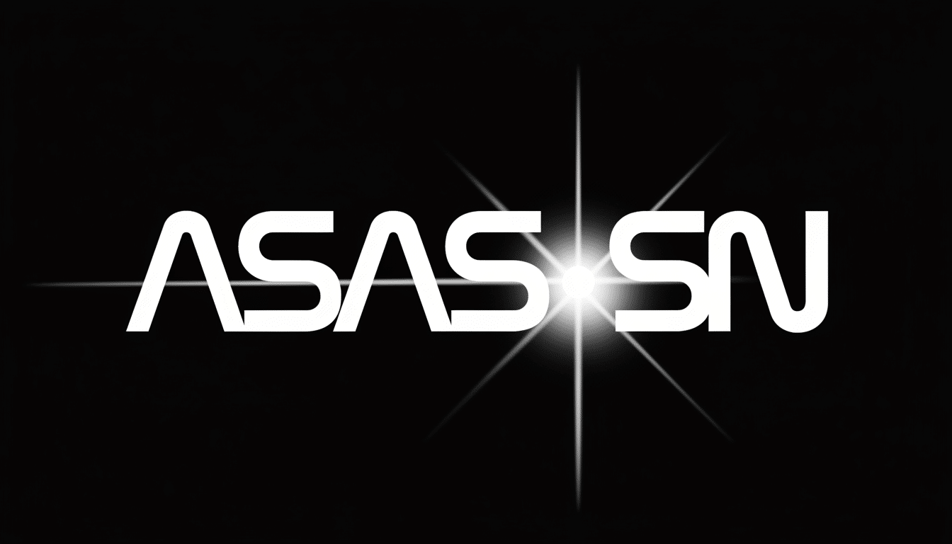 The word ASAS SN in white, stylized font on a black background, with a bright starburst effect in the center.