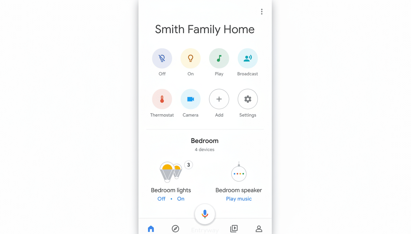 A screenshot of the Google Home app interface, showing controls for Smith Family Home and Bedroom devices.