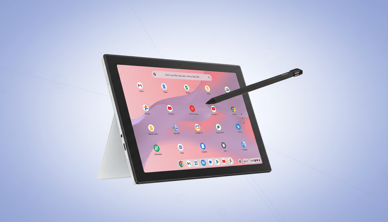 A white and black tablet with a stylus hovering over the screen, displaying various app icons on a light purple and blue gradient background.