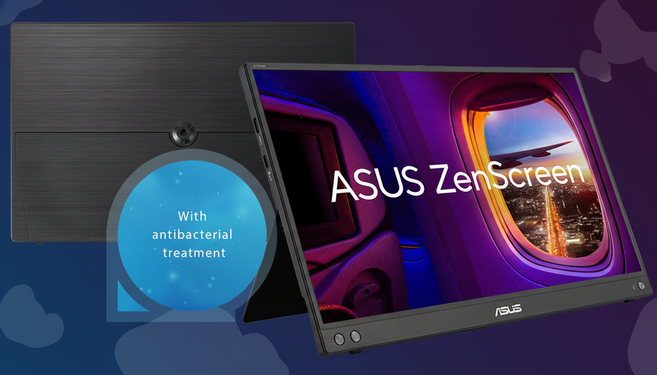A 16:9 aspect ratio image of an ASUS ZenScreen portable monitor, with its screen displaying an airplane window view at dusk. The back of the monitor is visible behind it, and a blue circular graphic with With antibacterial treatment text is overlaid on the bottom left. The background is a professional flat design with soft patterns and gradients in shades of blue and purple.