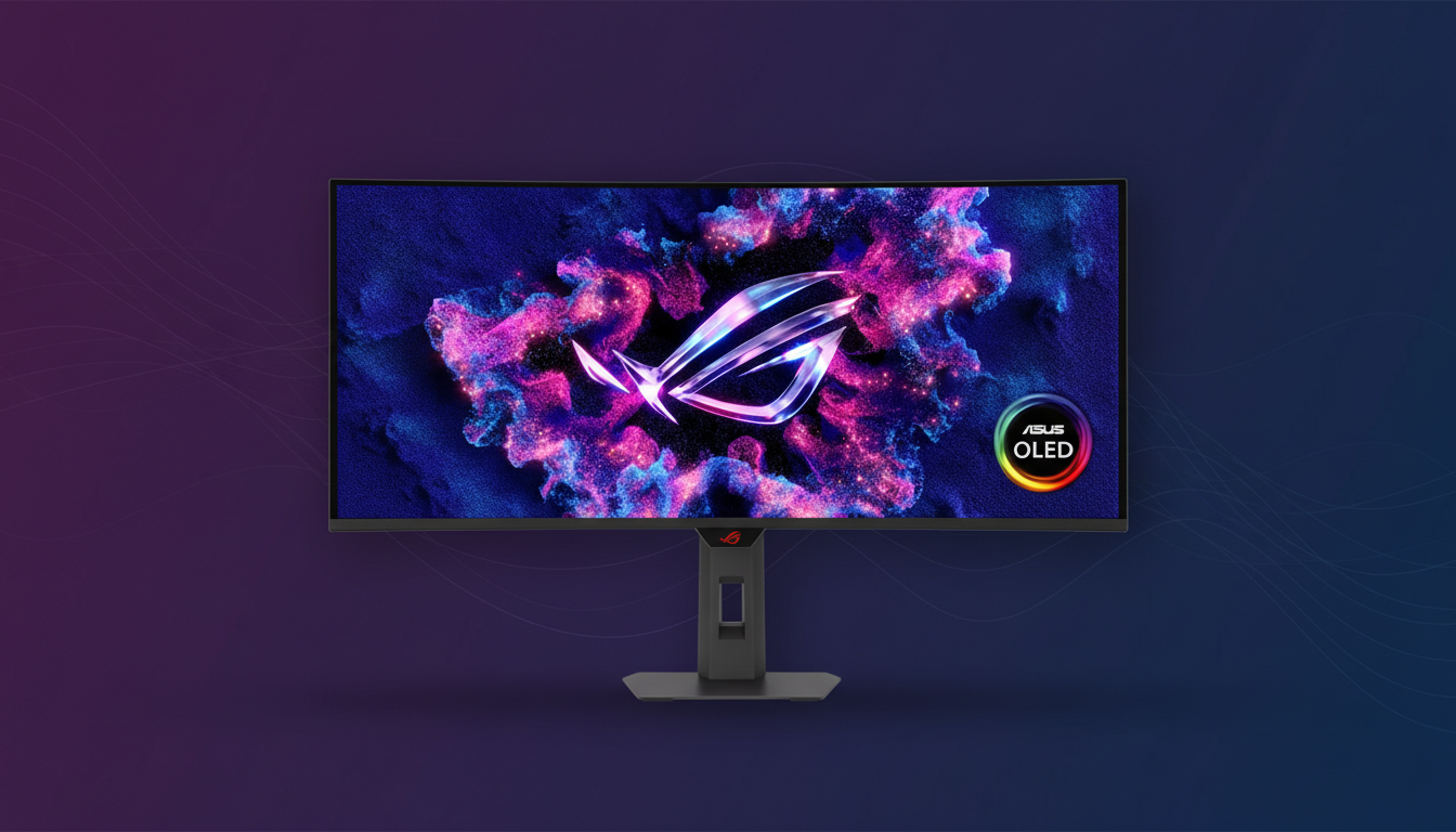 A professional image of an ASUS ROG OLED monitor with a vibrant, abstract wallpaper, set against a clean, gradient background with subtle patterns.