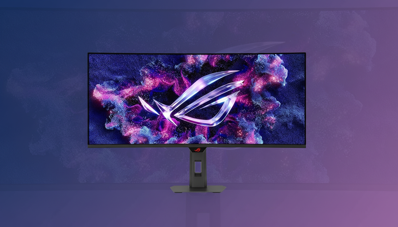 A professional image of a curved gaming monitor with a vibrant, abstract wallpaper, set against a clean, gradient background.