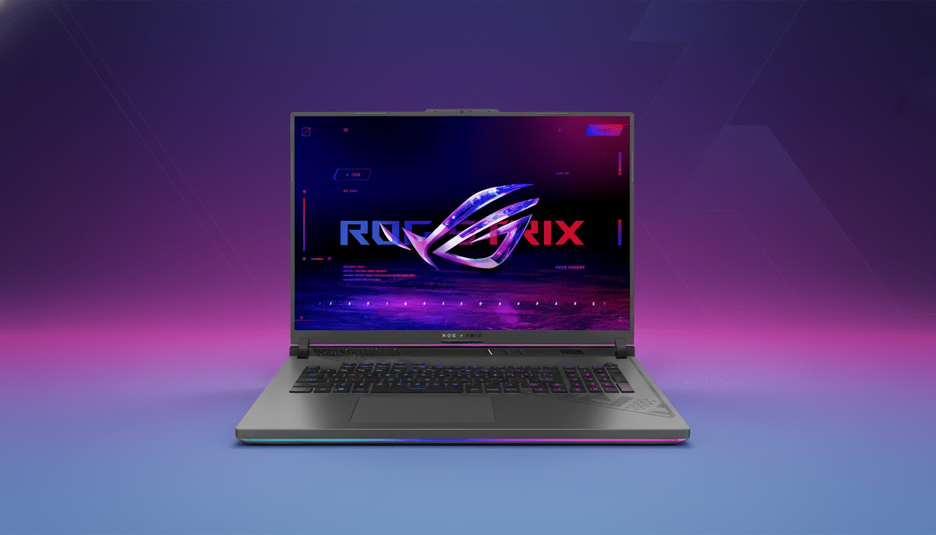 A professional, enhanced image of an ASUS ROG Strix laptop with a 16:9 aspect ratio, featuring a gradient background of purple and pink.