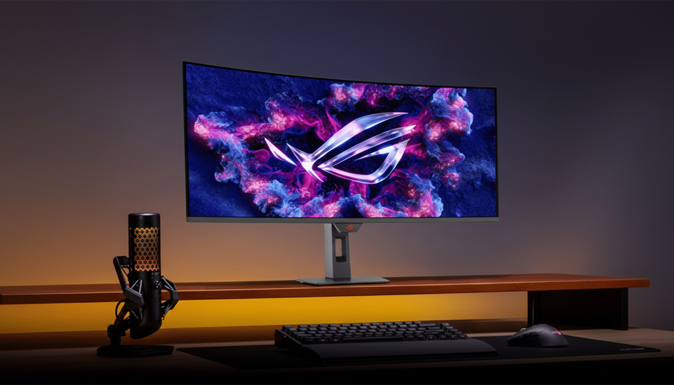 A professional setup featuring a curved gaming monitor displaying a vibrant ROG logo, a microphone, keyboard, and mouse on a wooden desk with a subtle gradient background.