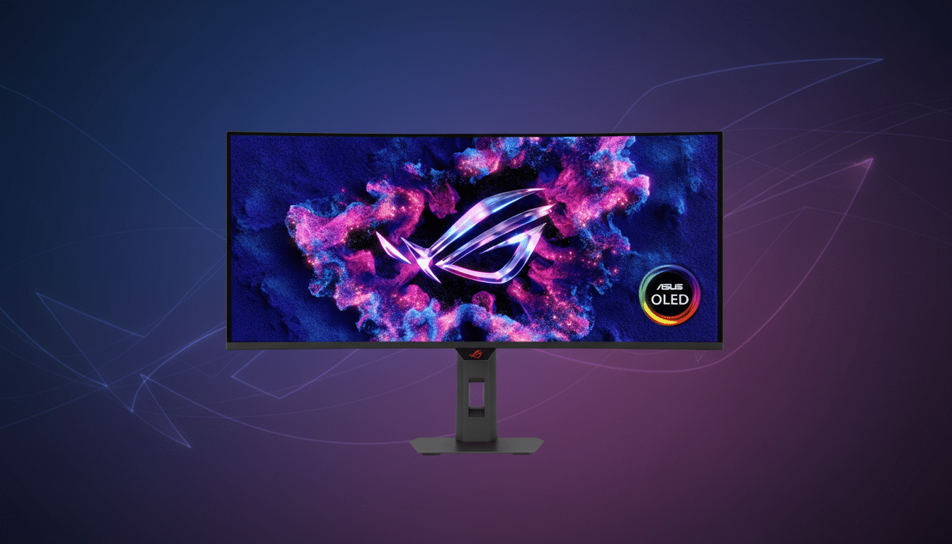 A professional image of an ASUS ROG OLED curved gaming monitor, presented in a 16:9 aspect ratio with a clean, gradient background featuring subtle geometric patterns.