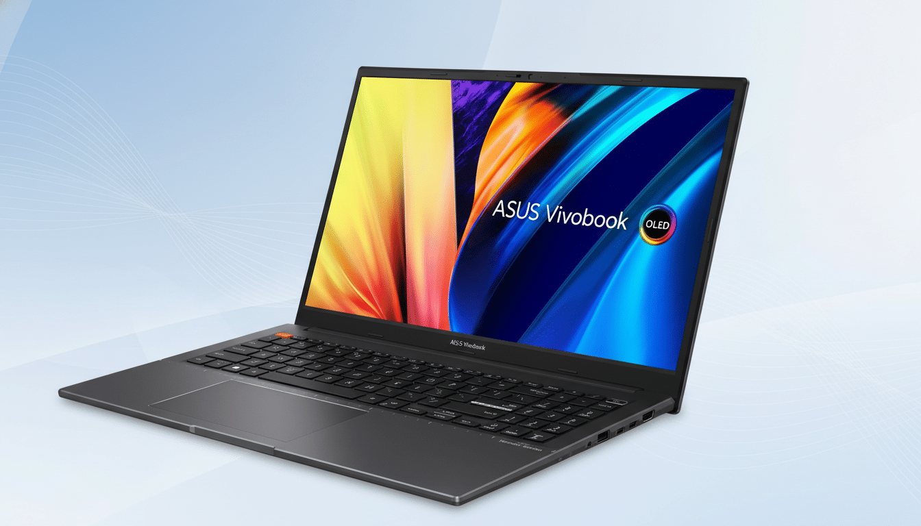 A dark grey ASUS Vivobook laptop with a colorful display, set against a professional light blue gradient background with subtle wave patterns.