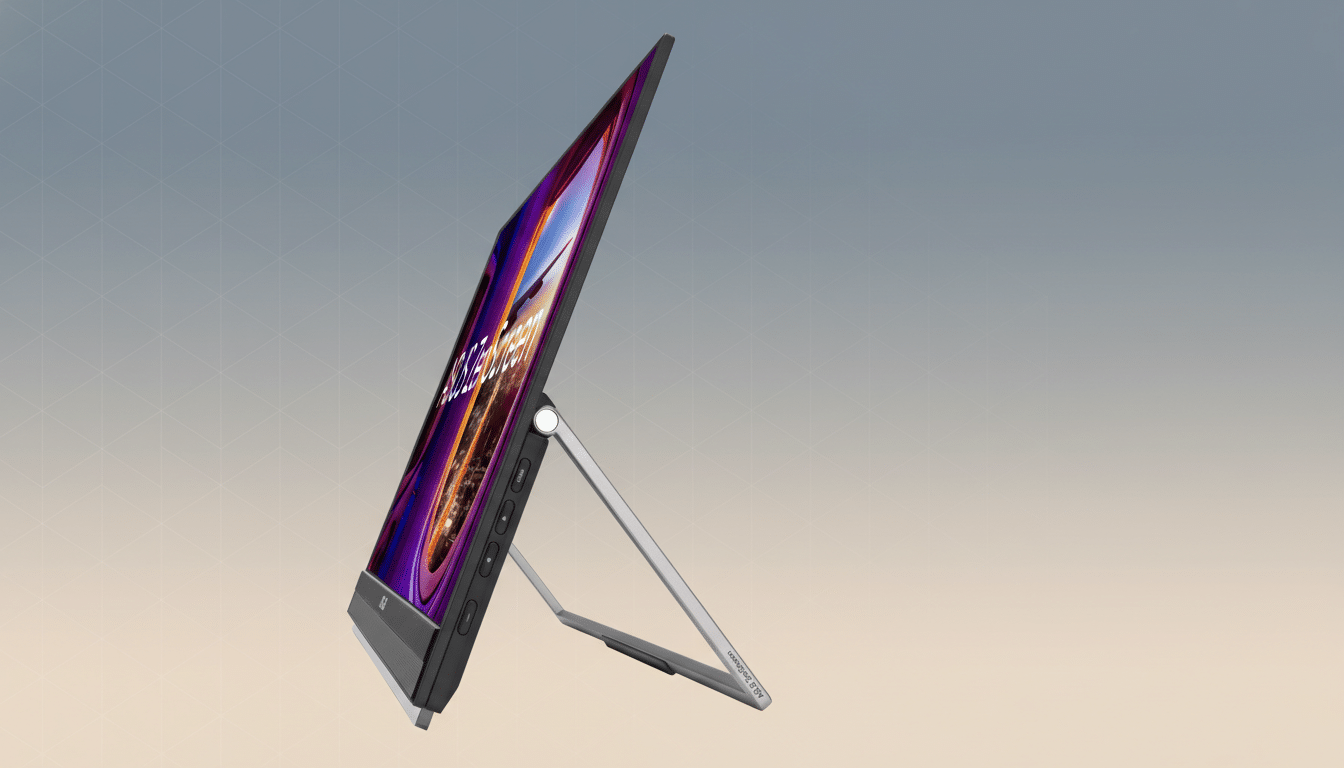 A sleek, portable monitor with a dark bezel and a colorful display, propped up by a silver stand, set against a professional flat design background with soft geometric patterns and a gradient from light blue to light orange.