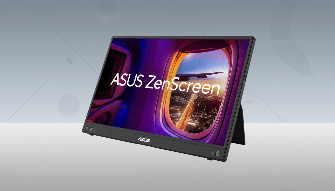 An ASUS ZenScreen portable monitor displayed at an angle, showing an airplane window view of a city at sunset, set against a professional flat design background with soft gray gradients and subtle geometric patterns.