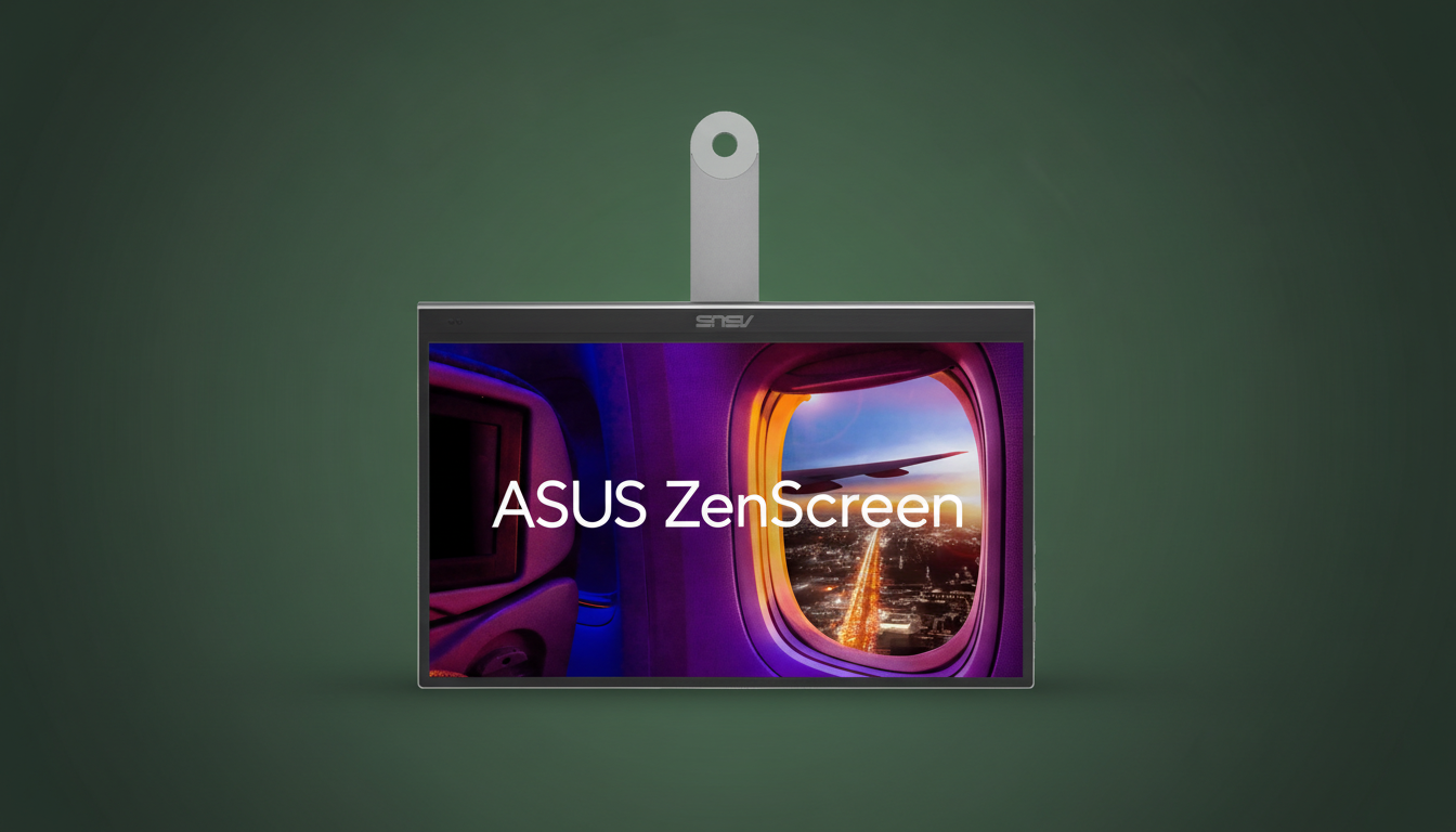 An ASUS ZenScreen portable monitor displayed against a professional dark green background with a subtle gradient. The monitors screen shows an airplane window view at sunset over a city.